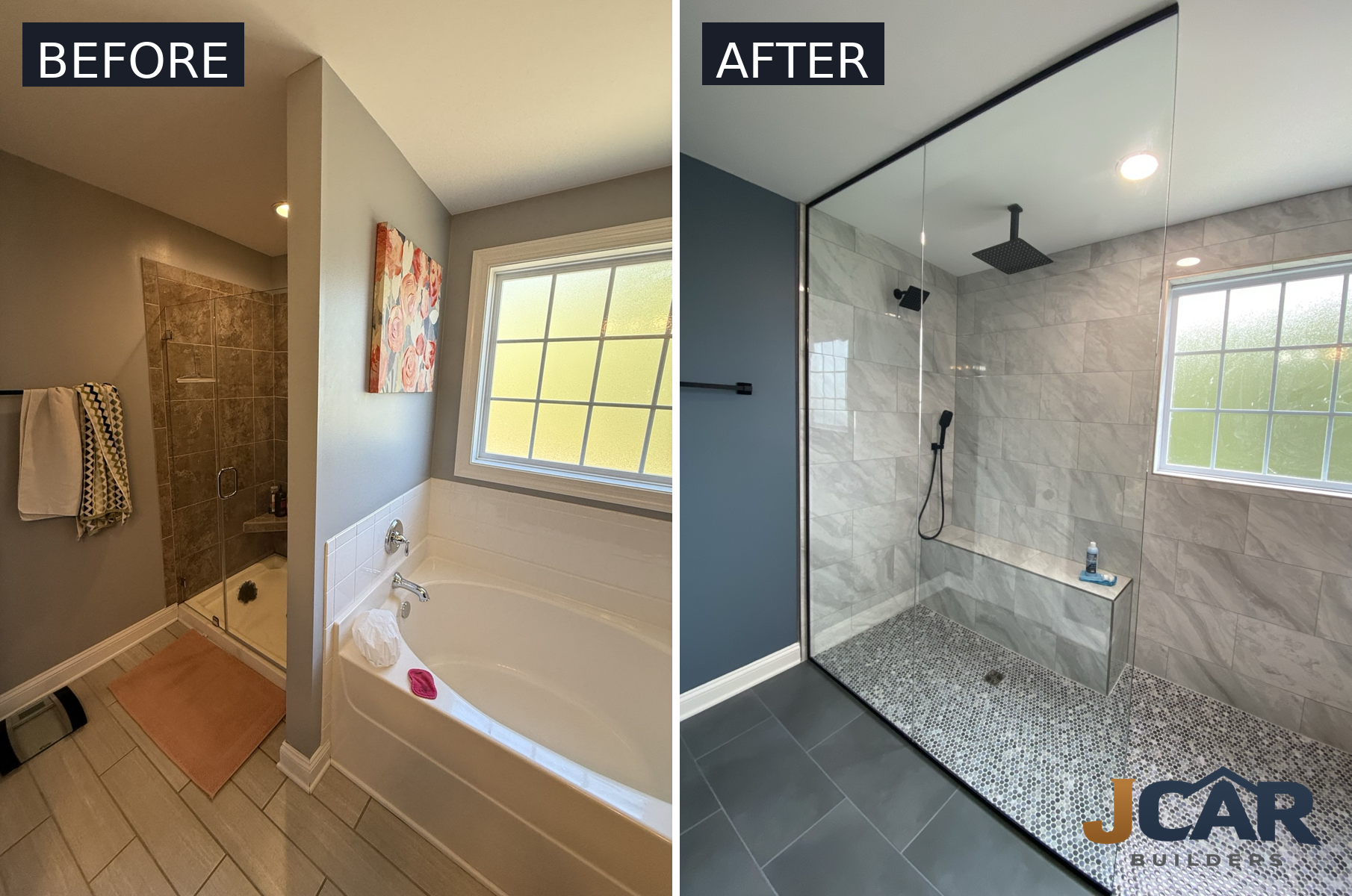 Before and after bathroom remodeling project in Garner NC by JCAR Builders