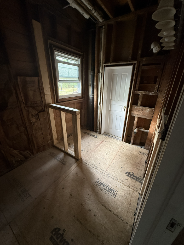 Bathroom remodel in Clayton NC during demolition and framing