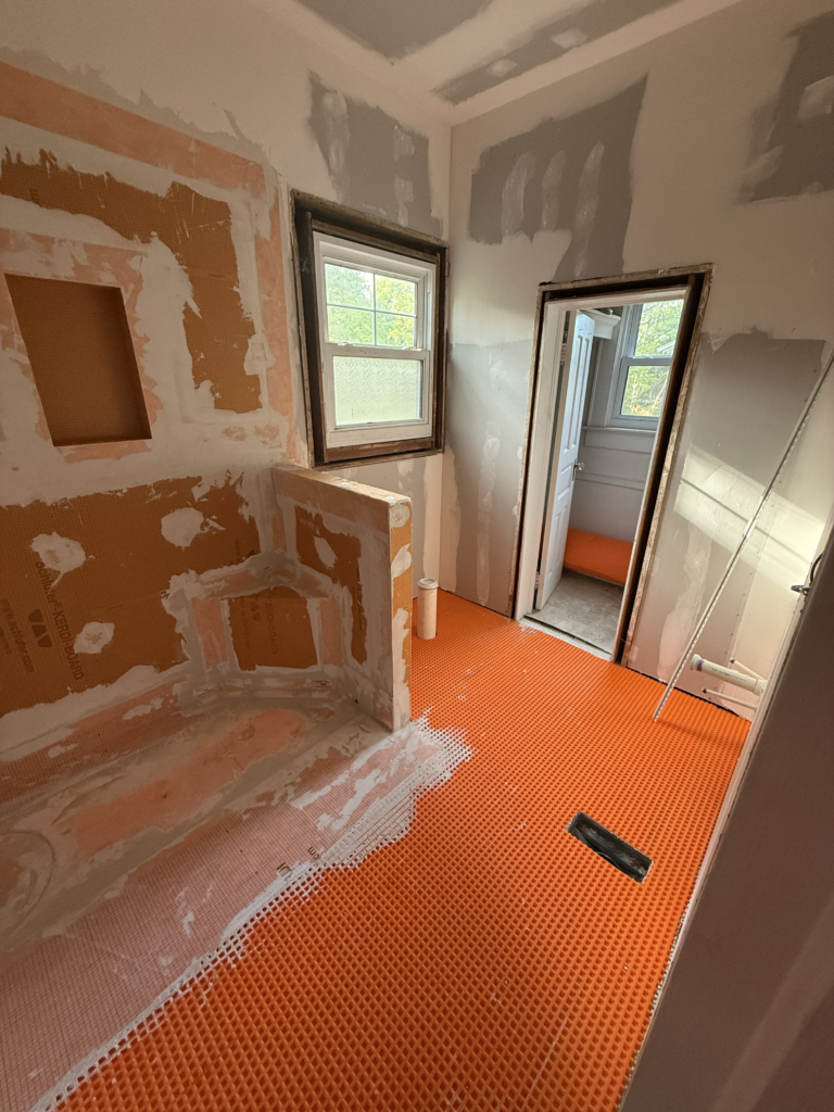 Waterproofing installation during Clayton NC bathroom remodel