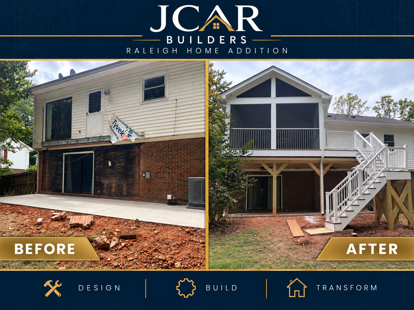 Before and after Raleigh NC home addition with screened porch and deck by JCAR Builders